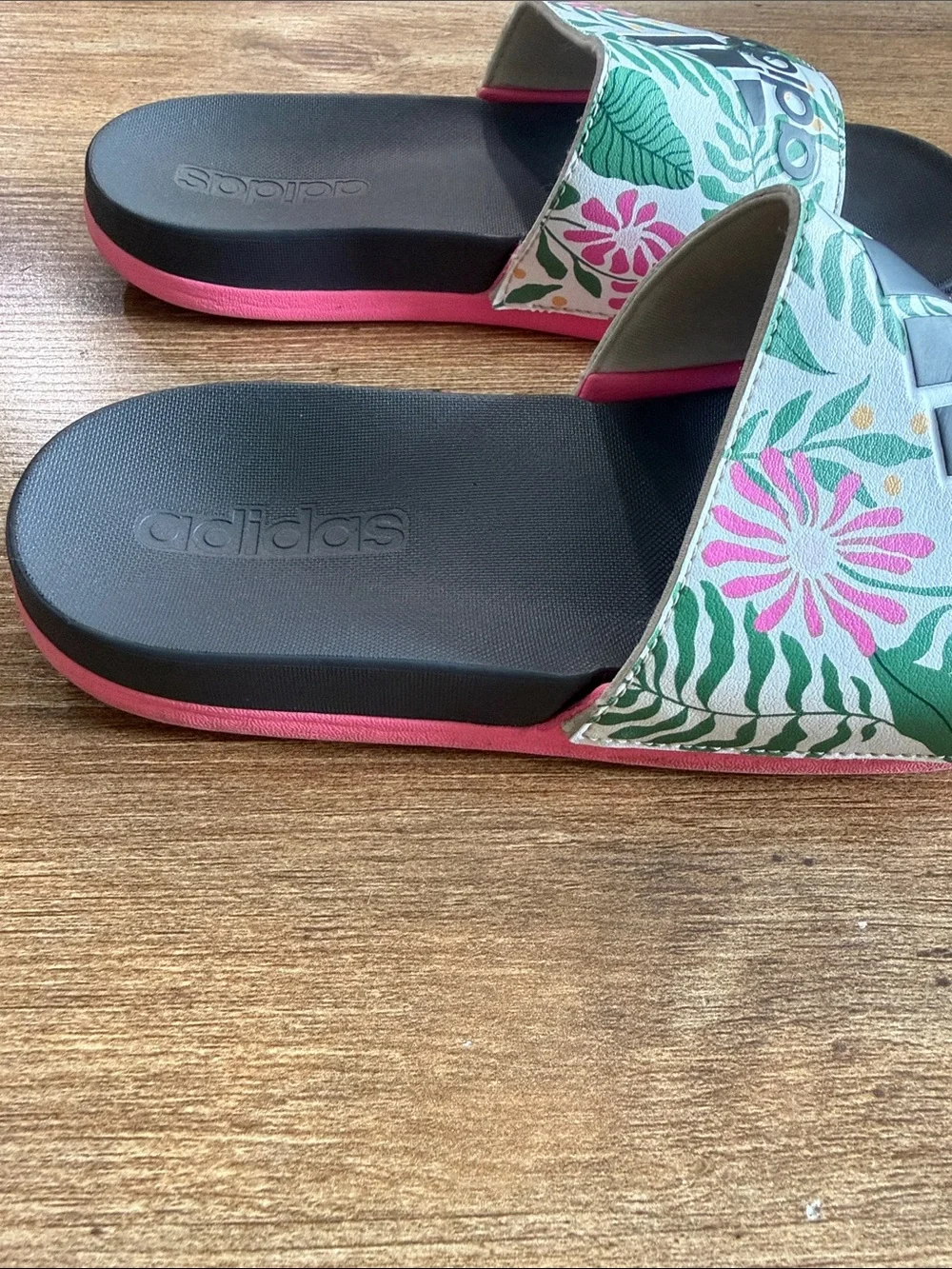adidas Kids Floral Green and Pink Slide Sandals
